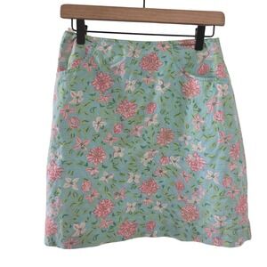 Lilly Pulitzer Women's Size 8 Floral A-Line Skirt Blue Pink Linen Cotton Blend